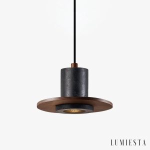 Cannesia - Lampa wisząca nowoczesna, czarny trawertyn i orzech do salonu, Ø20 cm