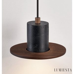 Cannesia - Lampa wisząca nowoczesna, czarny trawertyn i orzech do salonu, Ø20 cm