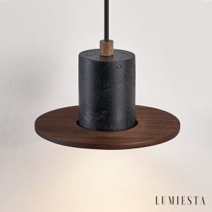 Cannesia - Lampa wisząca nowoczesna, czarny trawertyn i orzech do salonu, Ø20 cm