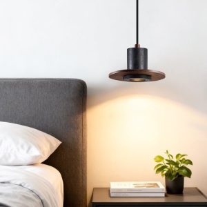 Cannesia - Lampa wisząca nowoczesna, czarny trawertyn i orzech do salonu, Ø20 cm