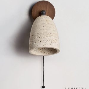 Capitolia - Lampa stołowa trawertynowa z orzechową podstawą do salonu, Ø12×15 cm