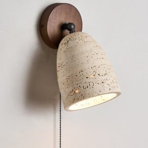 Capitolia - Lampa stołowa trawertynowa z orzechową podstawą do salonu, Ø12×15 cm