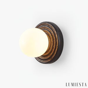 Cartagenae - Lampa sufitowa trawertynowa czarna z białym szkłem do salonu, Ø18 cm