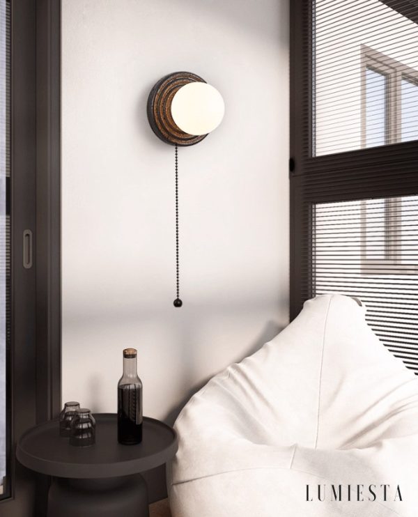 Cartagenae - Lampa sufitowa trawertynowa czarna z białym szkłem do salonu, Ø18 cm