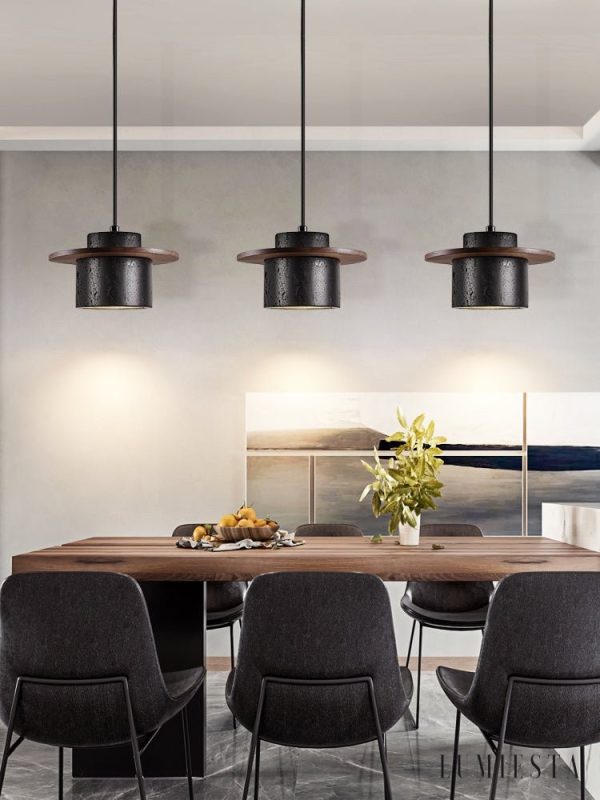 Champagna - Lampa wisząca trawertynowo-drewniana, czarna do jadalni Ø20x12 cm