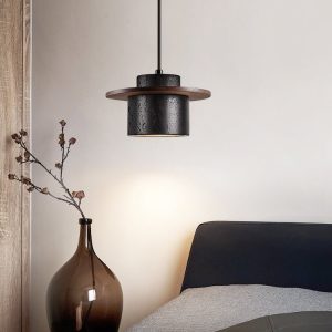 Champagna - Lampa wisząca trawertynowo-drewniana, czarna do jadalni Ø20x12 cm