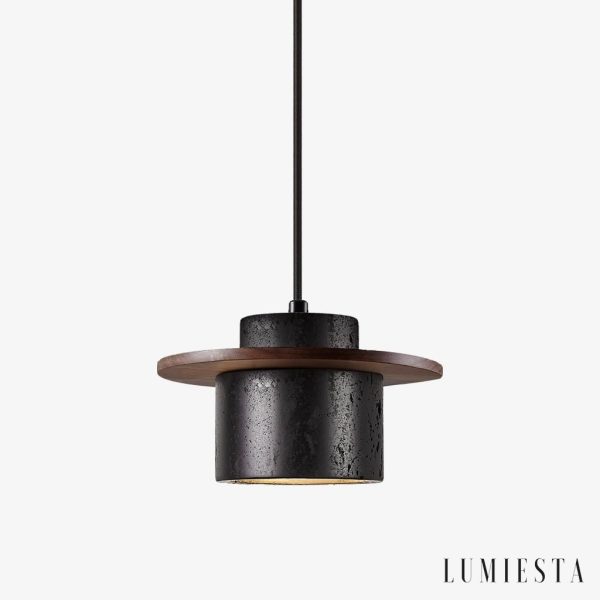 Champagna - Lampa wisząca trawertynowo-drewniana, czarna do jadalni Ø20x12 cm