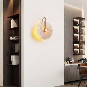 Cordovia - Lampa wisząca travertynowa, złota do salonu i jadalni, Ø25 x 32 cm