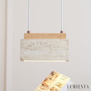 Crestava - Lampa wisząca trawertynowa, żółta z drewnem do jadalni, 23x7x10 cm