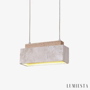 Crestava - Lampa wisząca trawertynowa, żółta z drewnem do jadalni, 23x7x10 cm