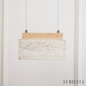 Crestava - Lampa wisząca trawertynowa, żółta z drewnem do jadalni, 23x7x10 cm