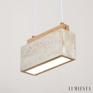 Crestava - Lampa wisząca trawertynowa, żółta z drewnem do jadalni, 23x7x10 cm