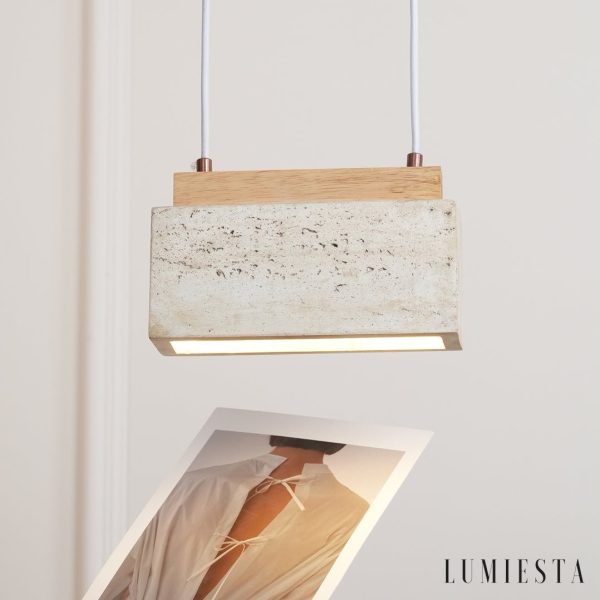 Crestava - Lampa wisząca trawertynowa, żółta z drewnem do jadalni, 23x7x10 cm