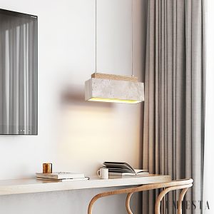 Crestava - Lampa wisząca trawertynowa, żółta z drewnem do jadalni, 23x7x10 cm