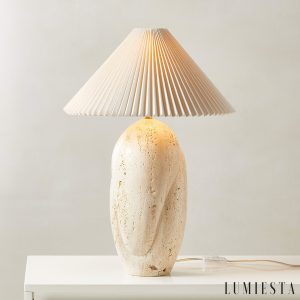 Gramera - Lampa stołowa trawertynowa, żółto-biały abażur, do salonu, Ø40x47 cm