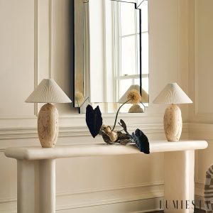 Gramera - Lampa stołowa trawertynowa, żółto-biały abażur, do salonu, Ø40x47 cm