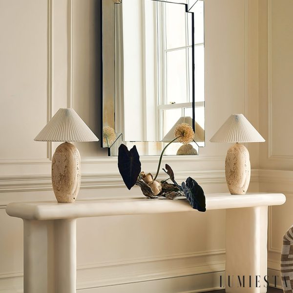 Gramera - Lampa stołowa trawertynowa, żółto-biały abażur, do salonu, Ø40x47 cm