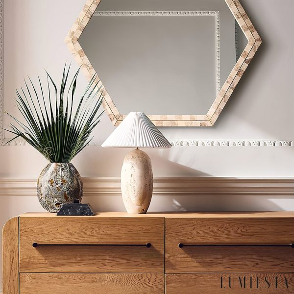 Gramera - Lampa stołowa trawertynowa, żółto-biały abażur, do salonu, Ø40x47 cm