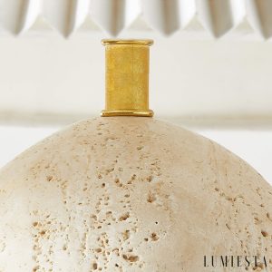 Gramera - Lampa stołowa trawertynowa, żółto-biały abażur, do salonu, Ø40x47 cm