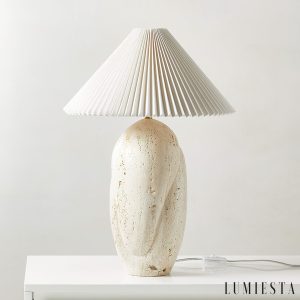 Gramera - Lampa stołowa trawertynowa, żółto-biały abażur, do salonu, Ø40x47 cm