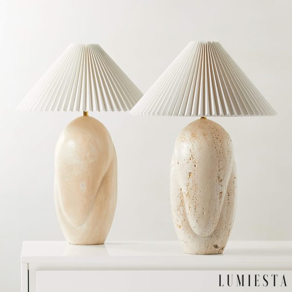 Gramera - Lampa stołowa trawertynowa, żółto-biały abażur, do salonu, Ø40x47 cm