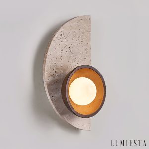 Etolanta - Kinkiet nowoczesny drewniany orzech trawertyn do salonu Ø17x35cm