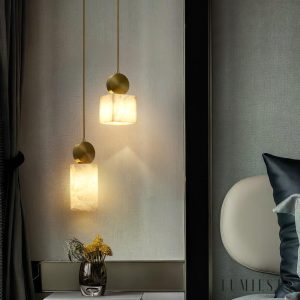 Etneris - Lampa wisząca alabastrowa mosiężna do salonu i jadalni Ø12 x 23/31 cm
