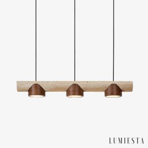 EtruriaX - Lampa wisząca trawertynowa żółta z orzechem, nad stół Ø80xH10 cm