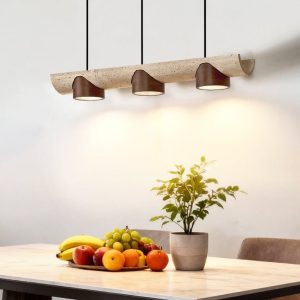 EtruriaX - Lampa wisząca trawertynowa żółta z orzechem, nad stół Ø80xH10 cm