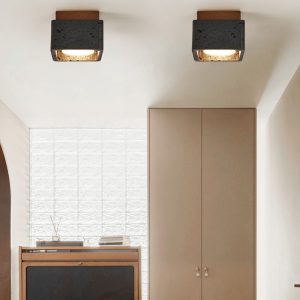 Farella - Plafon trawertynowo-drewniany, czarny i orzechowy do salonu, Ø12 cm