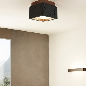 Farella - Plafon trawertynowo-drewniany, czarny i orzechowy do salonu, Ø12 cm