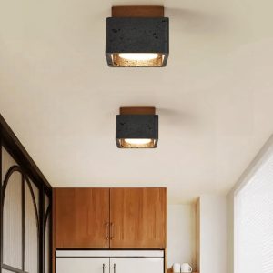 Farella - Plafon trawertynowo-drewniany, czarny i orzechowy do salonu, Ø12 cm