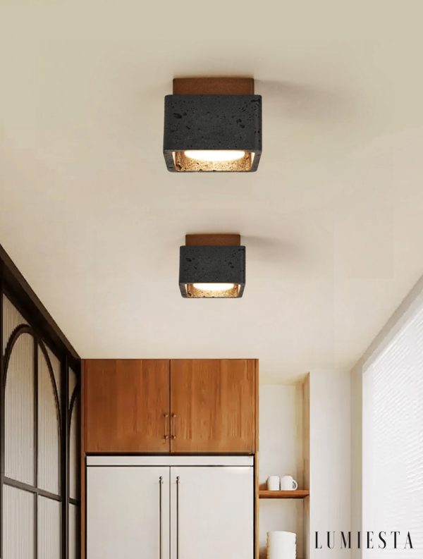 Farella - Plafon trawertynowo-drewniany, czarny i orzechowy do salonu, Ø12 cm