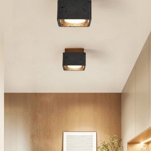 Farella - Plafon trawertynowo-drewniany, czarny i orzechowy do salonu, Ø12 cm