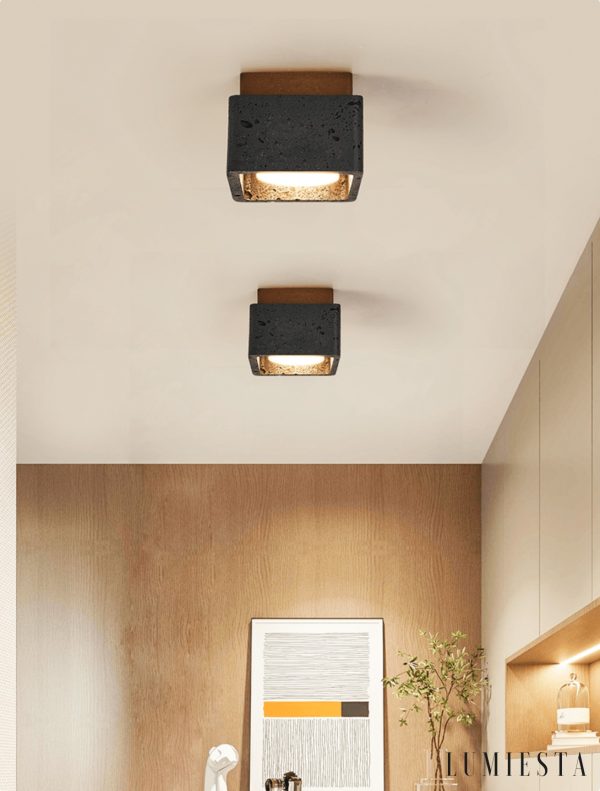 Farella - Plafon trawertynowo-drewniany, czarny i orzechowy do salonu, Ø12 cm