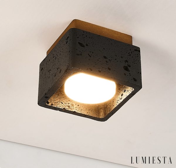 Farella - Plafon trawertynowo-drewniany, czarny i orzechowy do salonu, Ø12 cm