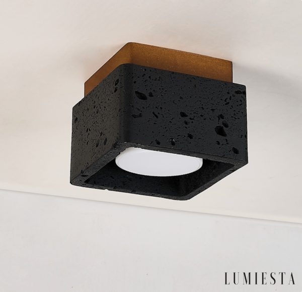 Farella - Plafon trawertynowo-drewniany, czarny i orzechowy do salonu, Ø12 cm