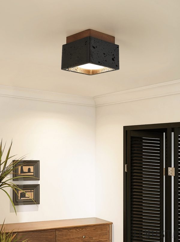 Farella - Plafon trawertynowo-drewniany, czarny i orzechowy do salonu, Ø12 cm