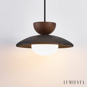 Genevra - Lampa wisząca skandynawska czarny travertyn i drewno do salonu Ø25 cm