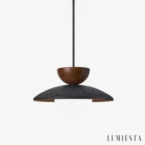 Genevra - Lampa wisząca skandynawska czarny travertyn i drewno do salonu Ø25 cm