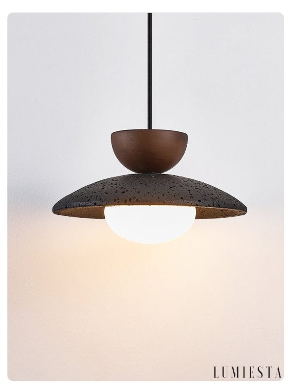 Genevra - Lampa wisząca skandynawska czarny travertyn i drewno do salonu Ø25 cm