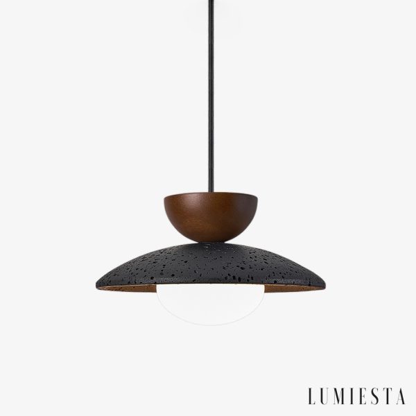 Genevra - Lampa wisząca skandynawska czarny travertyn i drewno do salonu Ø25 cm