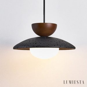 Genevra - Lampa wisząca skandynawska czarny travertyn i drewno do salonu Ø25 cm