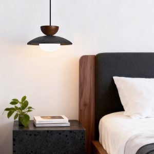 Genevra - Lampa wisząca skandynawska czarny travertyn i drewno do salonu Ø25 cm