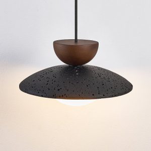 Genevra - Lampa wisząca skandynawska czarny travertyn i drewno do salonu Ø25 cm