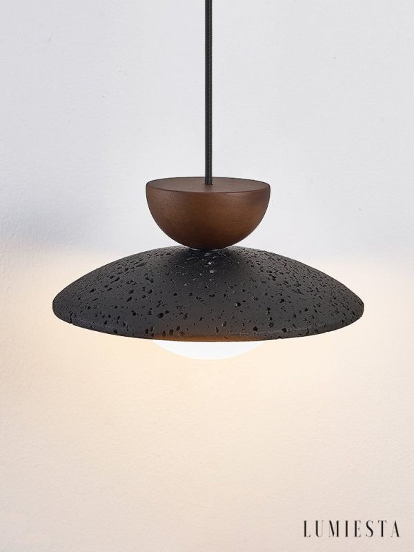 Genevra - Lampa wisząca skandynawska czarny travertyn i drewno do salonu Ø25 cm