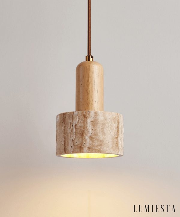 GinevraX - Lampa wisząca, żółty trawertyn i drewno, do salonu, Ø12/15 cm