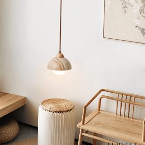 GinevraX - Lampa wisząca, żółty trawertyn i drewno, do salonu, Ø12/15 cm