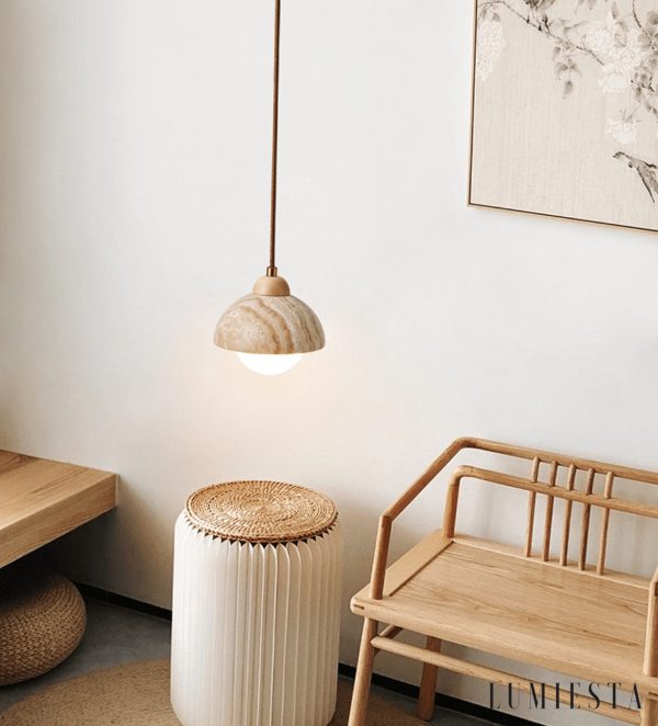 GinevraX - Lampa wisząca, żółty trawertyn i drewno, do salonu, Ø12/15 cm