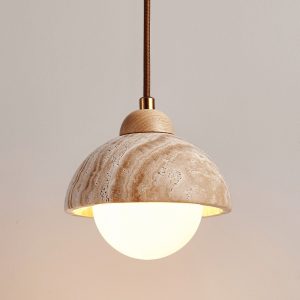 GinevraX - Lampa wisząca, żółty trawertyn i drewno, do salonu, Ø12/15 cm